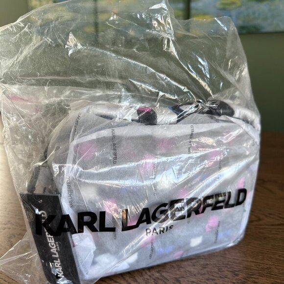 NWT! Karl Lagerfeld Maybelle Paris Double Zip Camera Bag Multi Color Monogram - Picture 8 of 9